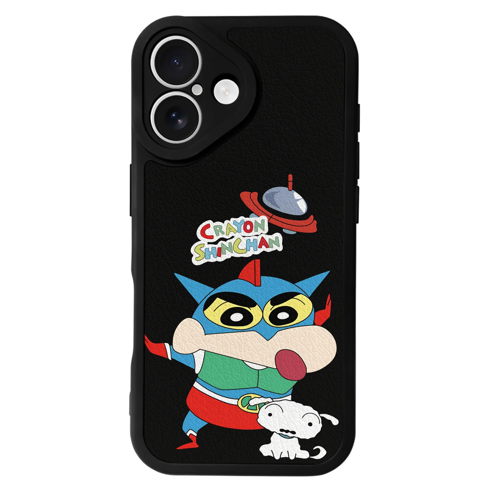 クレヨンしんちゃん グッズ アクション仮面 - IPhone 16シリーズ対応 ・ シリコンスマホケース ・ レザー調 ・ 高精度フィット ・ 耐衝撃 ・ ワイヤレス充電対応 ・ 精密カット